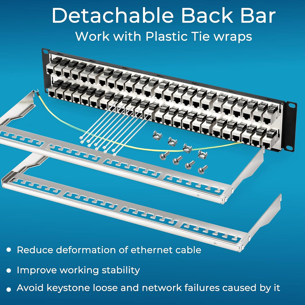 Patch Panel 48 Port Cat6A with Inline Keystone 10G Support, Coupler Patch Panel STP Shielded 19-Inch with Removable