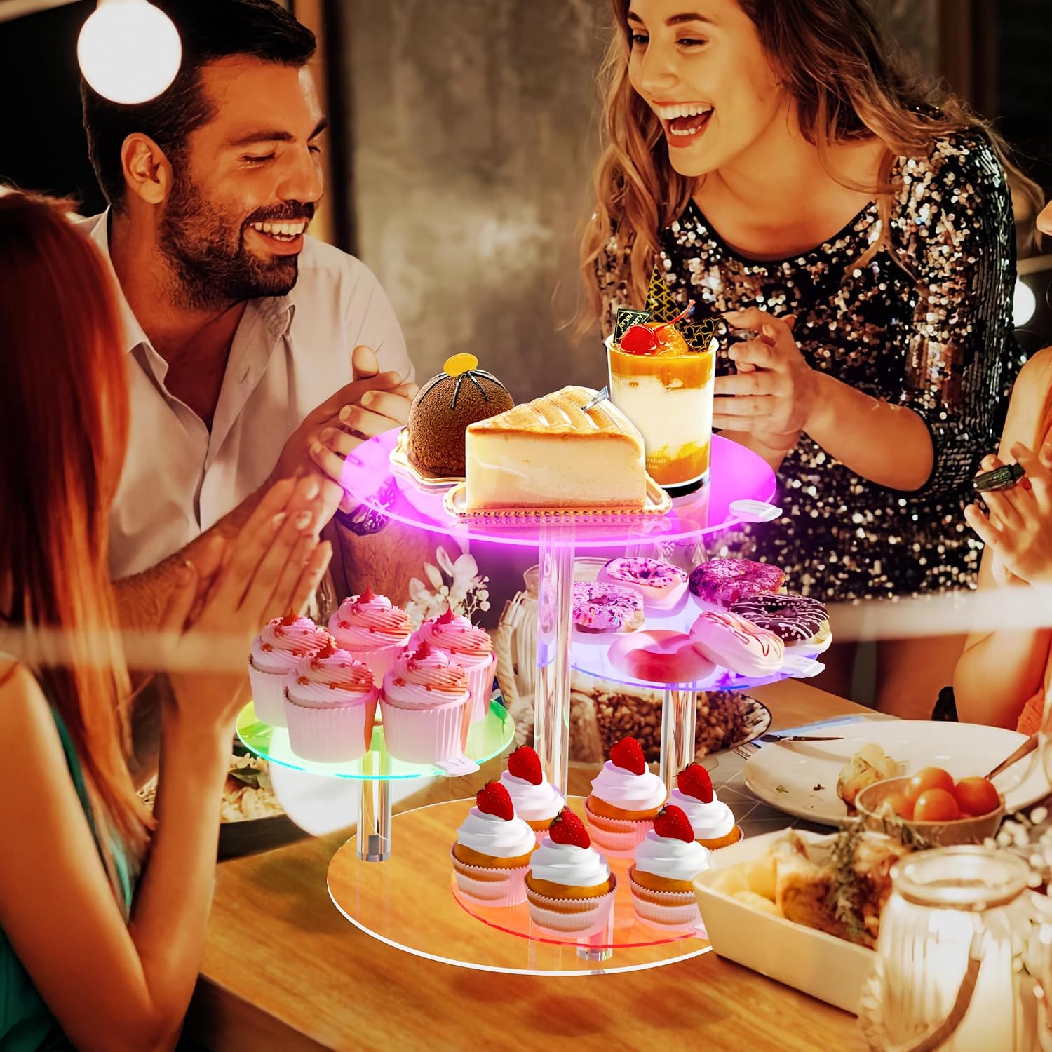 Cake Stand with Rechargable LED Light, Round Light Up Cupcake Stand, Cupcakes and Cakes Comb for 8-12 Inch Cakes
