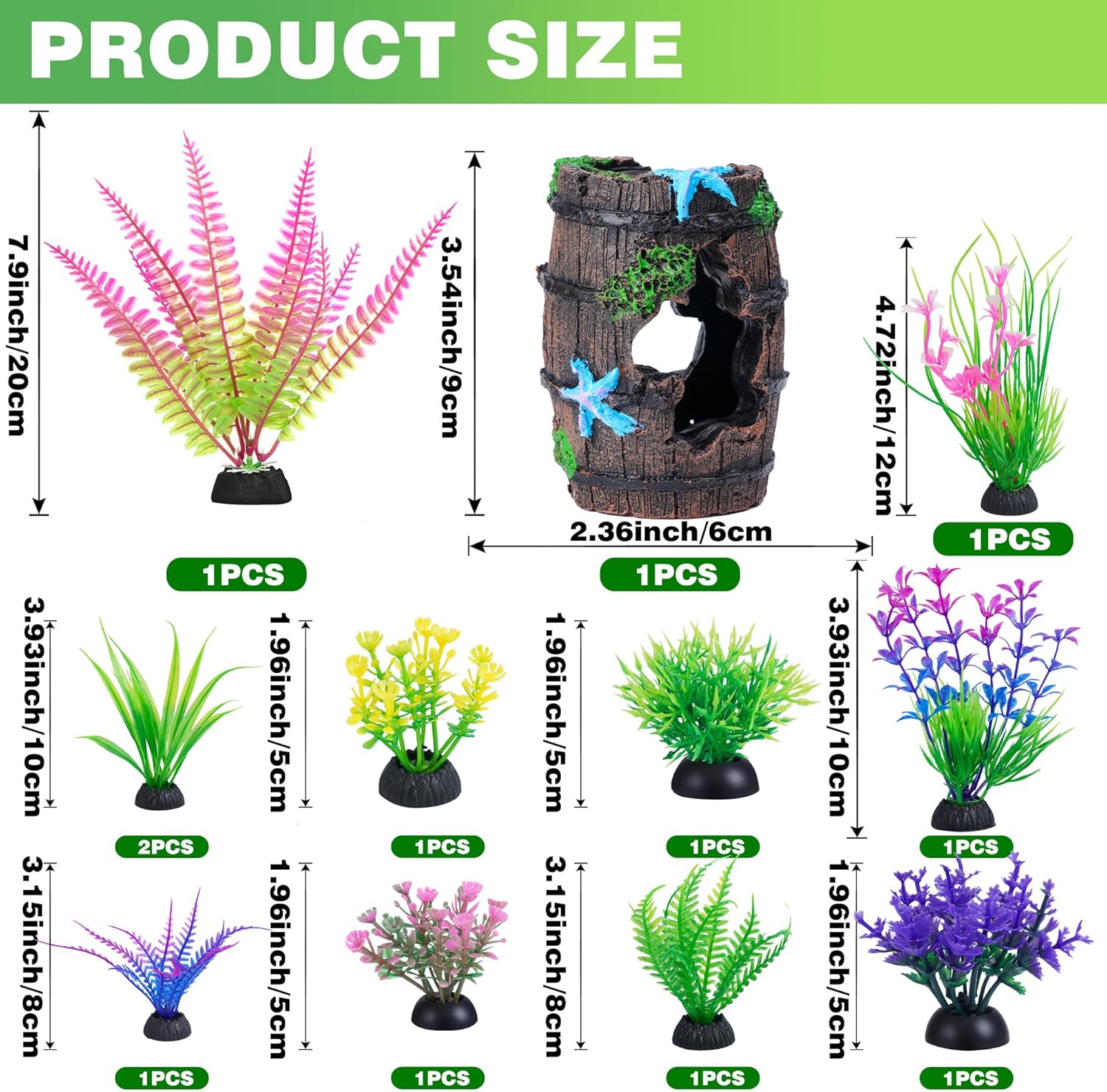 11 Aquarium Plants & Fish Tank Broken Barrel Cave Decorations Set | Broken Barrel Cave and Soft Artificial Plastic