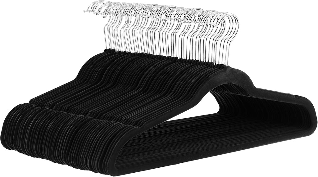 Slim Velvet Non-Slip Space Saving Suit Clothes Hangers, Closet Organizer, Black, 50-Pack