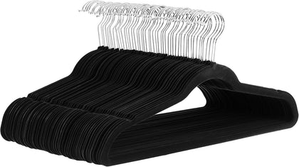 Slim Velvet Non-Slip Space Saving Suit Clothes Hangers, Closet Organizer, Black, 50-Pack