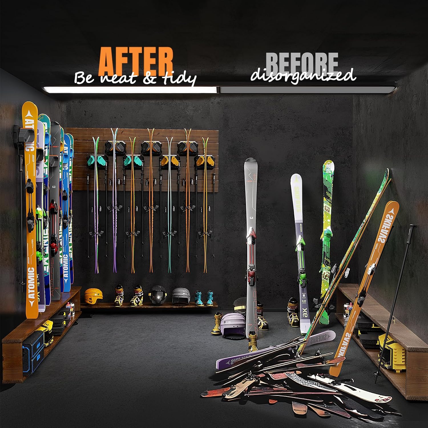 Ski & Snowboard Wall Rack for Garage Wall Fits Any Ski/board, Ski Wall Mount Holders Damage-Free Storage Rack, Garage
