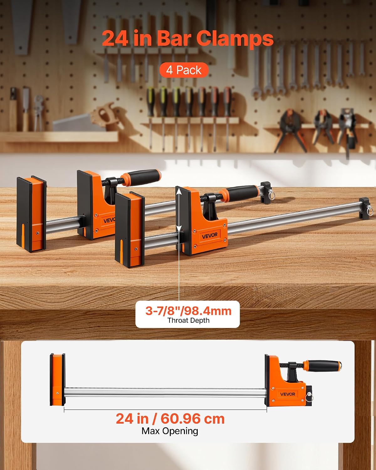 Bar Clamps for Woodworking, 4-Pack, 24" Opening F Clamps, 1500 lbs Load Limit, Clamp/Spreader 2 Modes, Soft Rubber