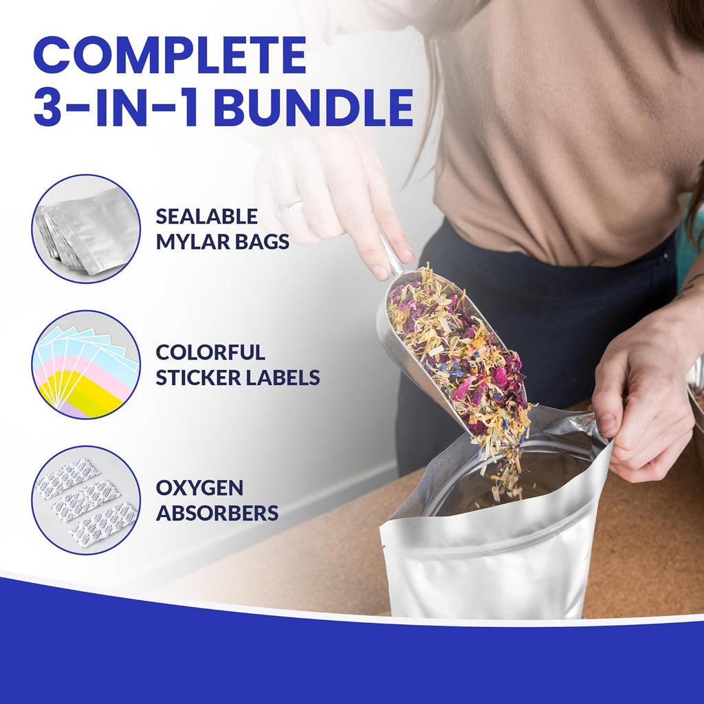 50-Pack 14 Mil Mylar Bags with Oxygen Absorbers, Gusseted 1 Gallon with 500cc OA - Resealable Mylar Bags for Food