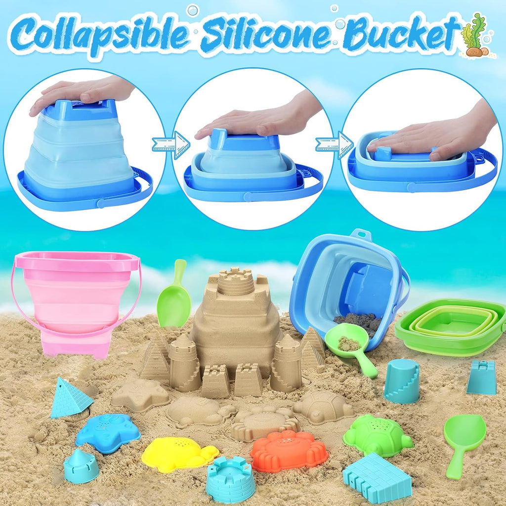 Beach Toys with 3 Collapsible Buckets, Mesh Bag for Kids Ages 3-12 | Sand Castle Building Kit and Sand Molds for