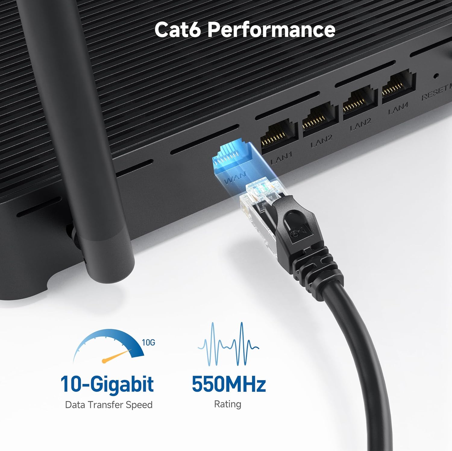 10Gbps Snagless Cat 6 Ethernet Cable, 50ft, Black | 24 AWG Bare Copper, Gold-Plated RJ45, PoE++, 550MHz Bandwidth
