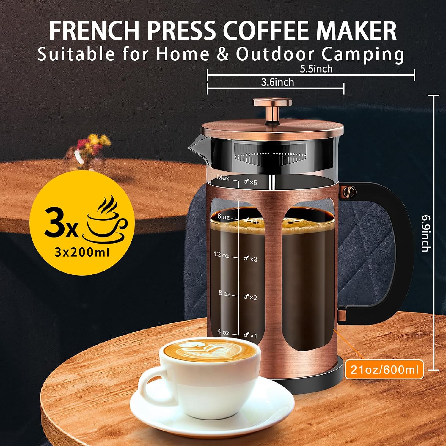 French Press Coffee Maker (21oz 600ML 3-4Cup) Coffee Press, with 4 Filters System, Heat Resistant Thickness