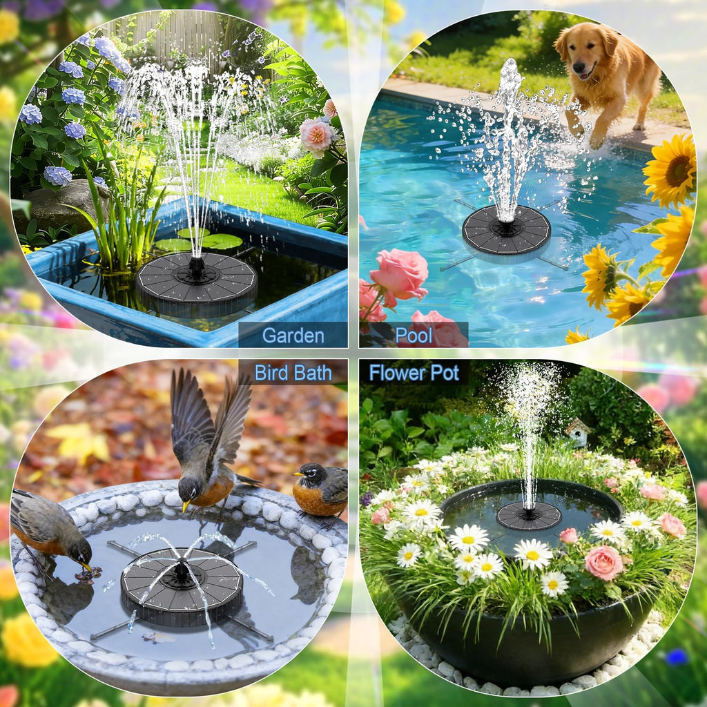 Solar Fountain with 2000mah Battery, 3-Level Adjustable Water Height, Rotating Rods, Works in Shadow, 7 Nozzles, 2026