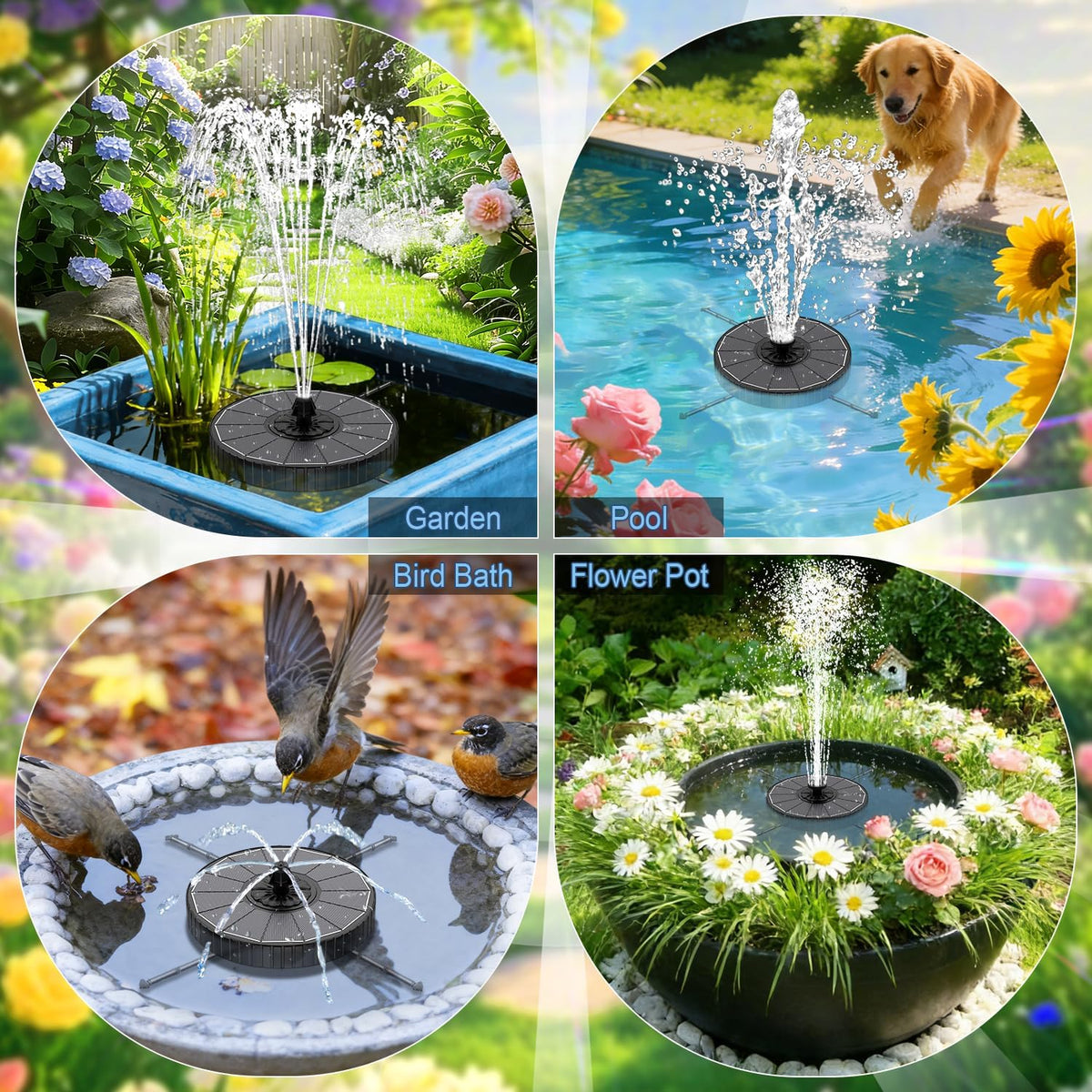 Solar Fountain with 2000mah Battery, 3-Level Adjustable Water Height, Rotating Rods, Works in Shadow, 7 Nozzles, 2026