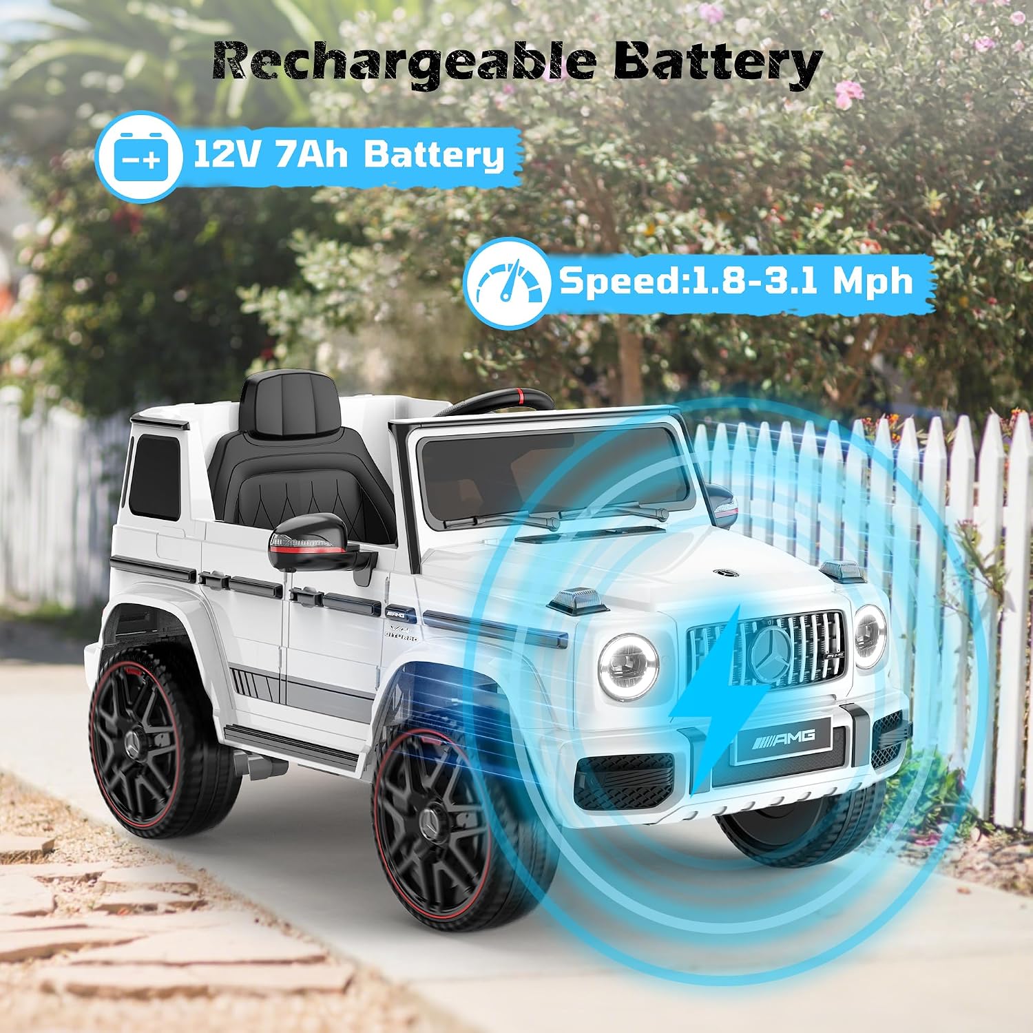 12V 7AH Licensed Mercedes-Benz G63 Electric Car for Kids, White | Parent remote control ride on car for toddlers with