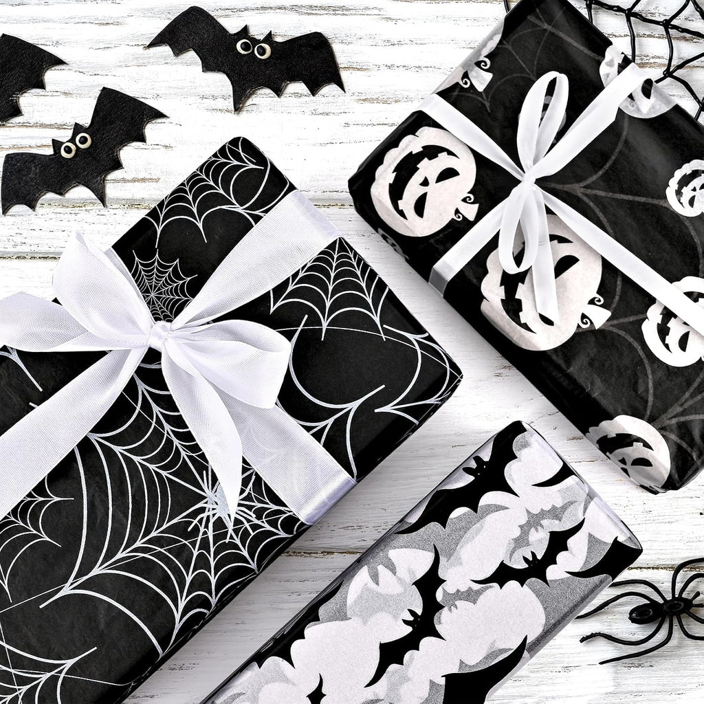 90 Sheets Halloween Tissue Paper Bulks 14 x 20inch Black White Pumpkin Cobweb Bat Gift Wrapping Paper Scary Horror
