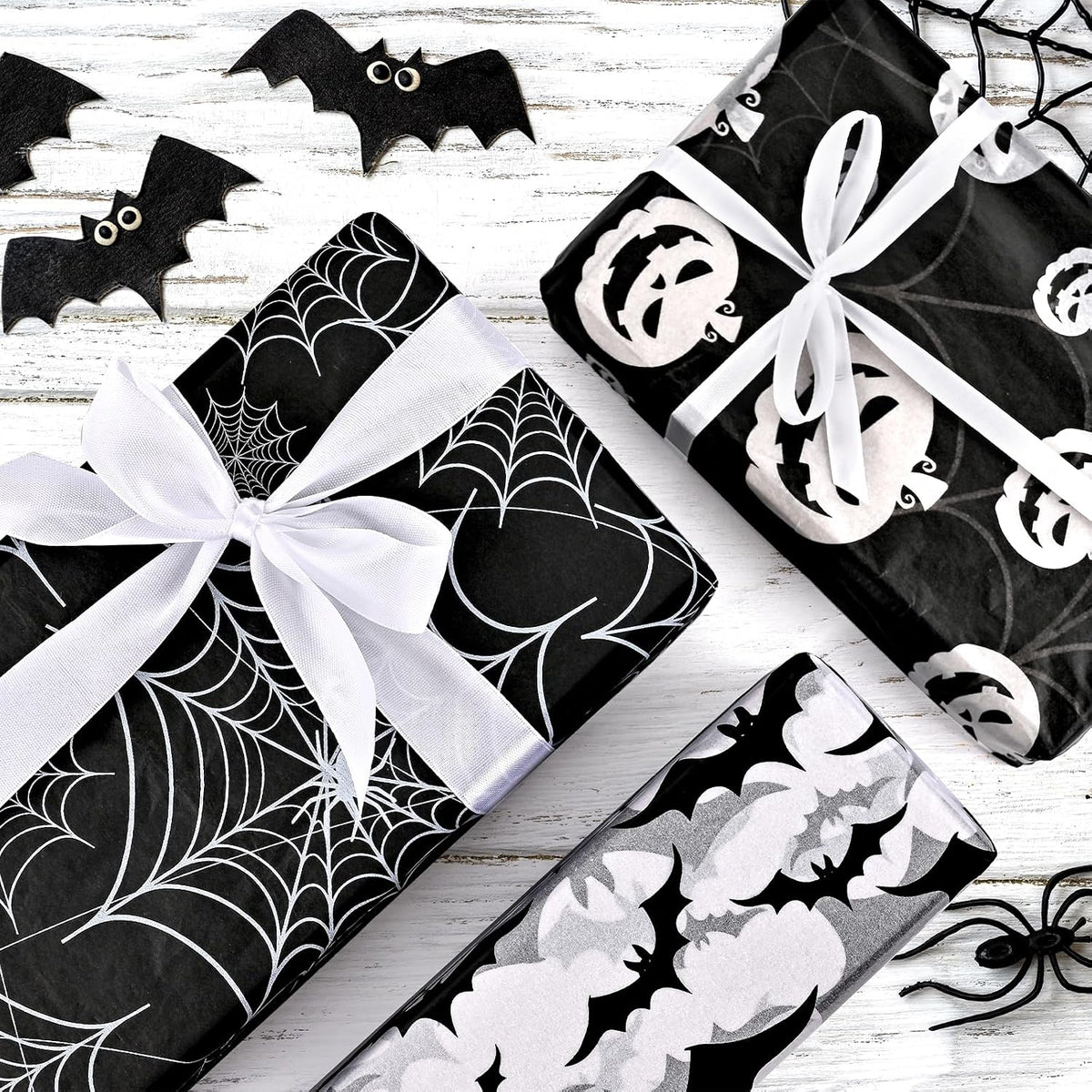 90 Sheets Halloween Tissue Paper Bulks 14 x 20inch Black White Pumpkin Cobweb Bat Gift Wrapping Paper Scary Horror