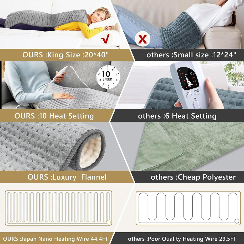 Heated Throw Blanket - 20"x40" Extra Large Heating Pad for Back Pain & Cramps Relief, 10 Heat Modes & 3 Timer