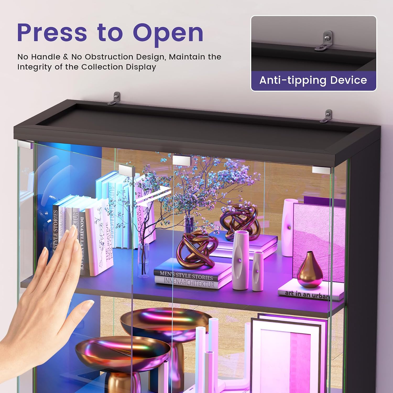 Glass Display Cabinet with Doors and RGB LED Lights | 69" Tall Curio Cabinet, 5-Tier Wooden Shelves, Lockable Display