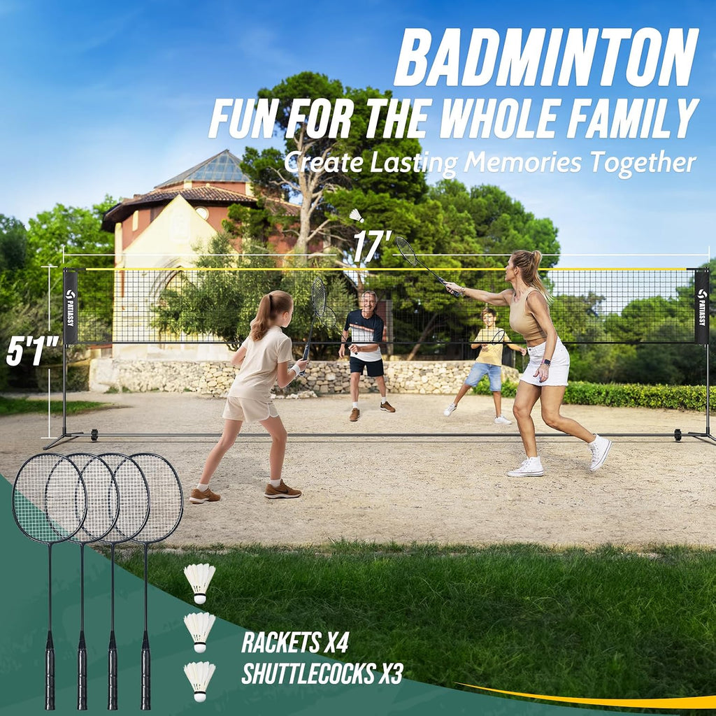 3-in-1 Badminton Volleyball Pickleball Net Set Adjustable Height | Backyard Outdoor Games, 17FT Portable Net, Height