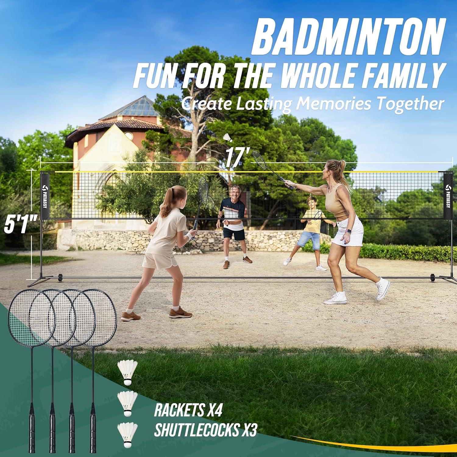 3-in-1 Badminton Volleyball Pickleball Net Set Adjustable Height | Backyard Outdoor Games, 17FT Portable Net, Height