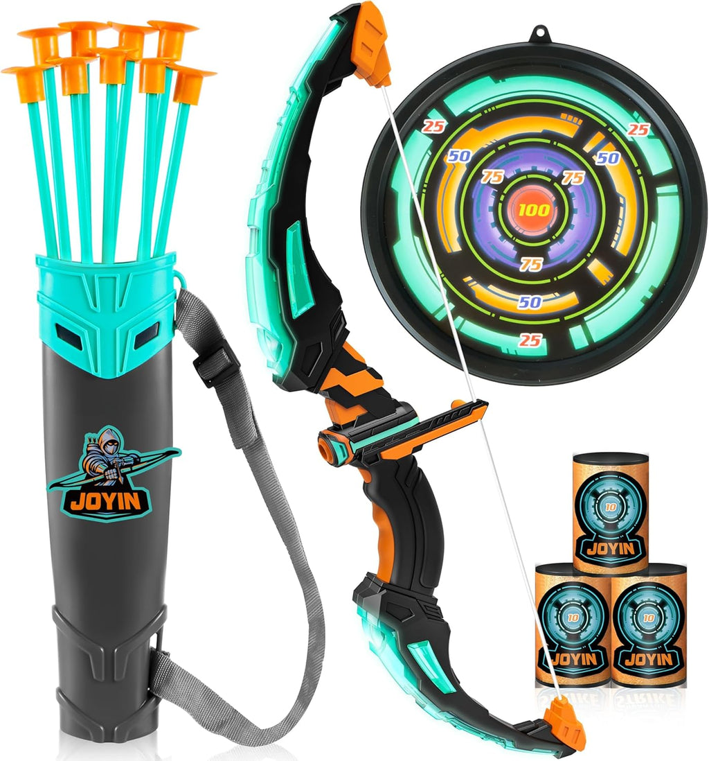 Kids Bow and Arrow Set, LED Light Up Archery Toy Set with 9 Suction Cup Arrows, Target & Arrow Case, Indoor and