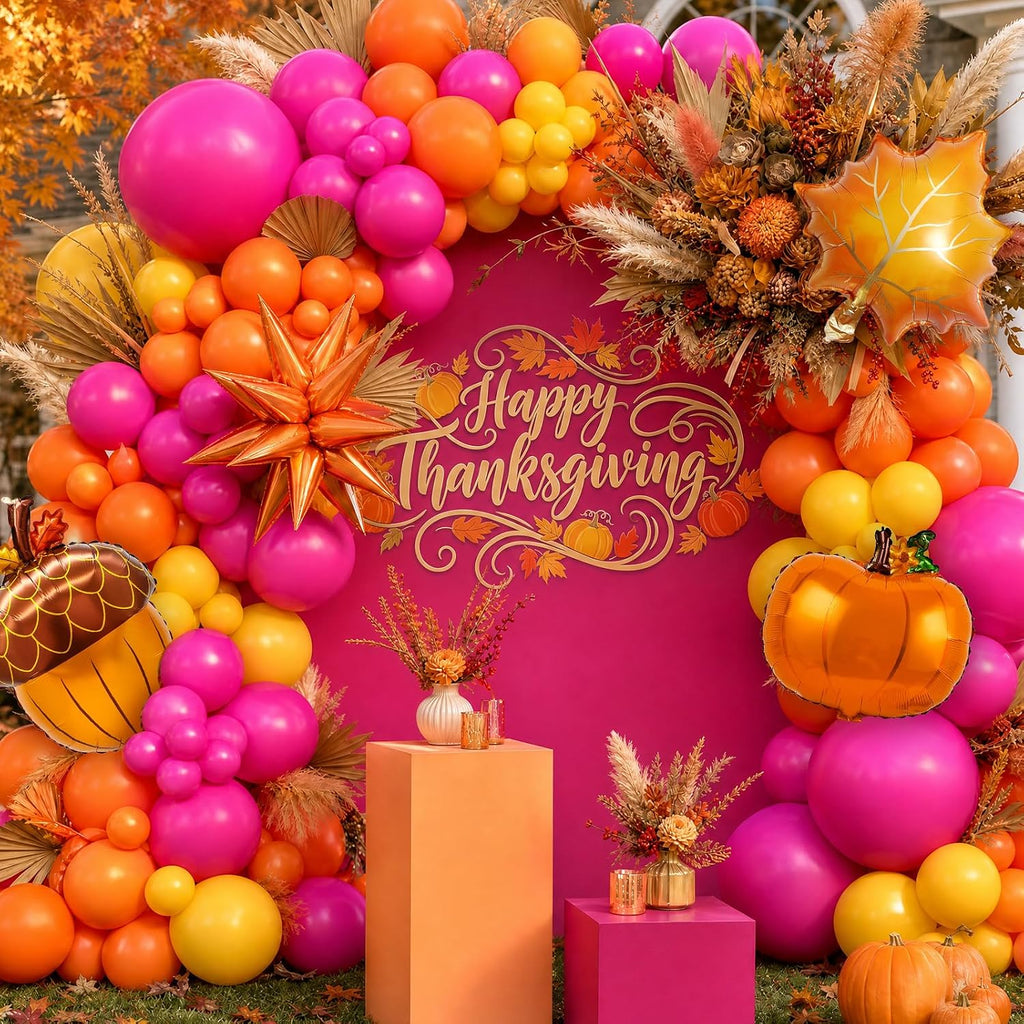 Fall Balloon Arch Kit – Thanksgiving Balloon Arch Kit | Hot Pink Orange Yellow Balloons Maple Leaf Star Foil Balloons