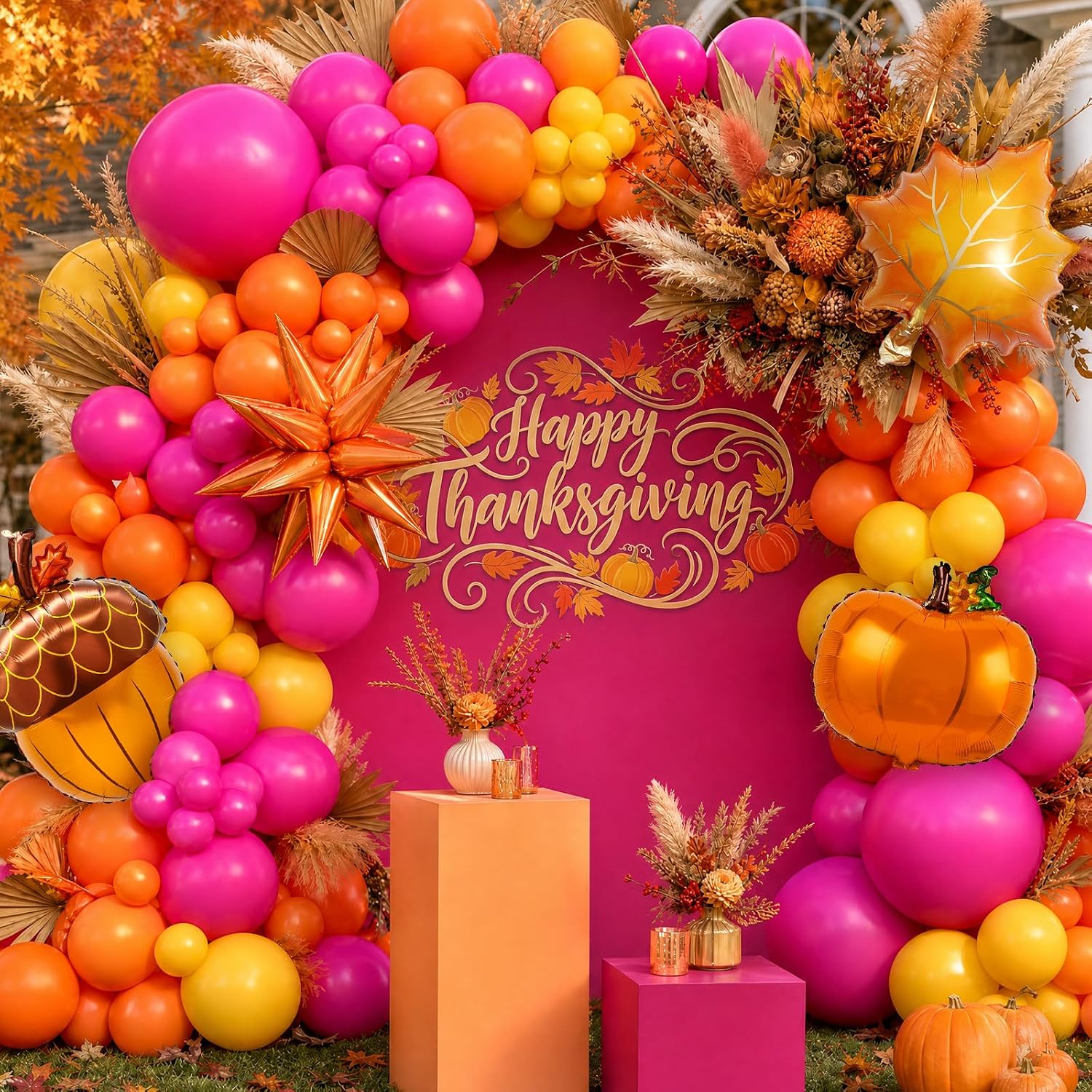 Fall Balloon Arch Kit – Thanksgiving Balloon Arch Kit | Hot Pink Orange Yellow Balloons Maple Leaf Star Foil Balloons