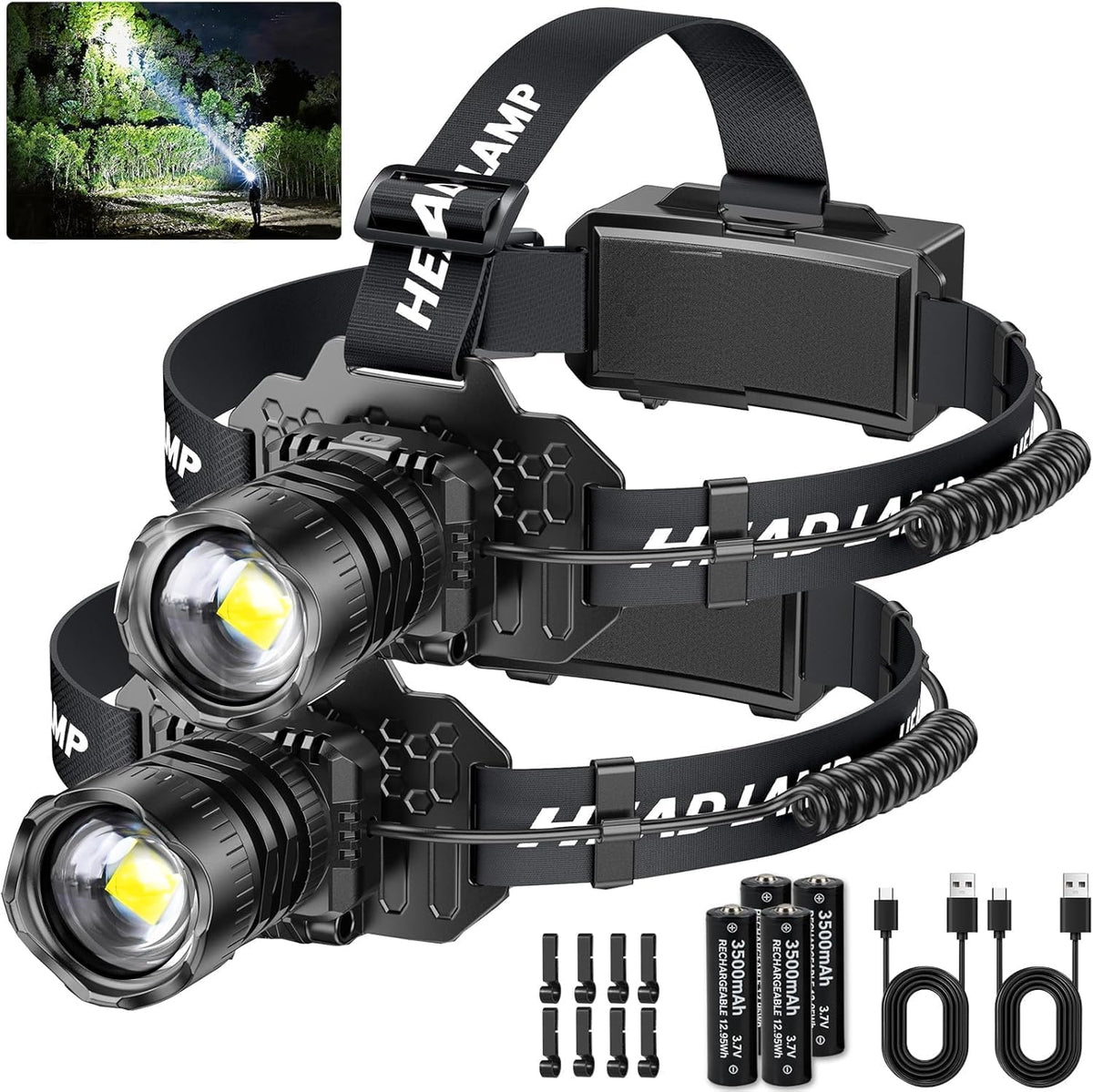 Rechargeable LED Headlamp 2-Pack - 99000 Lumens Super Bright with Motion Sensor & 90° Rotation - Waterproof Headlight