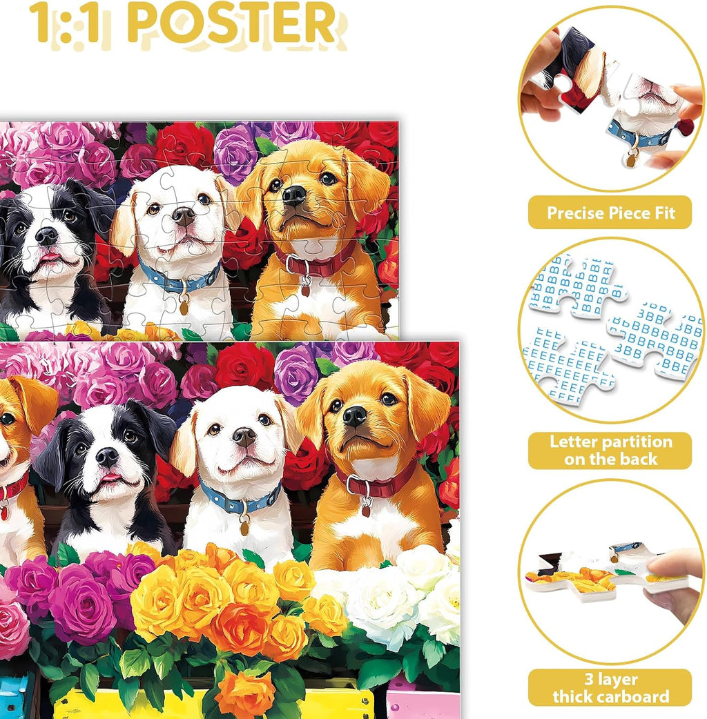 100 Piece Puzzles for Kids Ages 4-6 6-8 8-10 – Dogs Puzzles & Flower Jigsaw Puzzle, Large Piece Puzzles for Kids