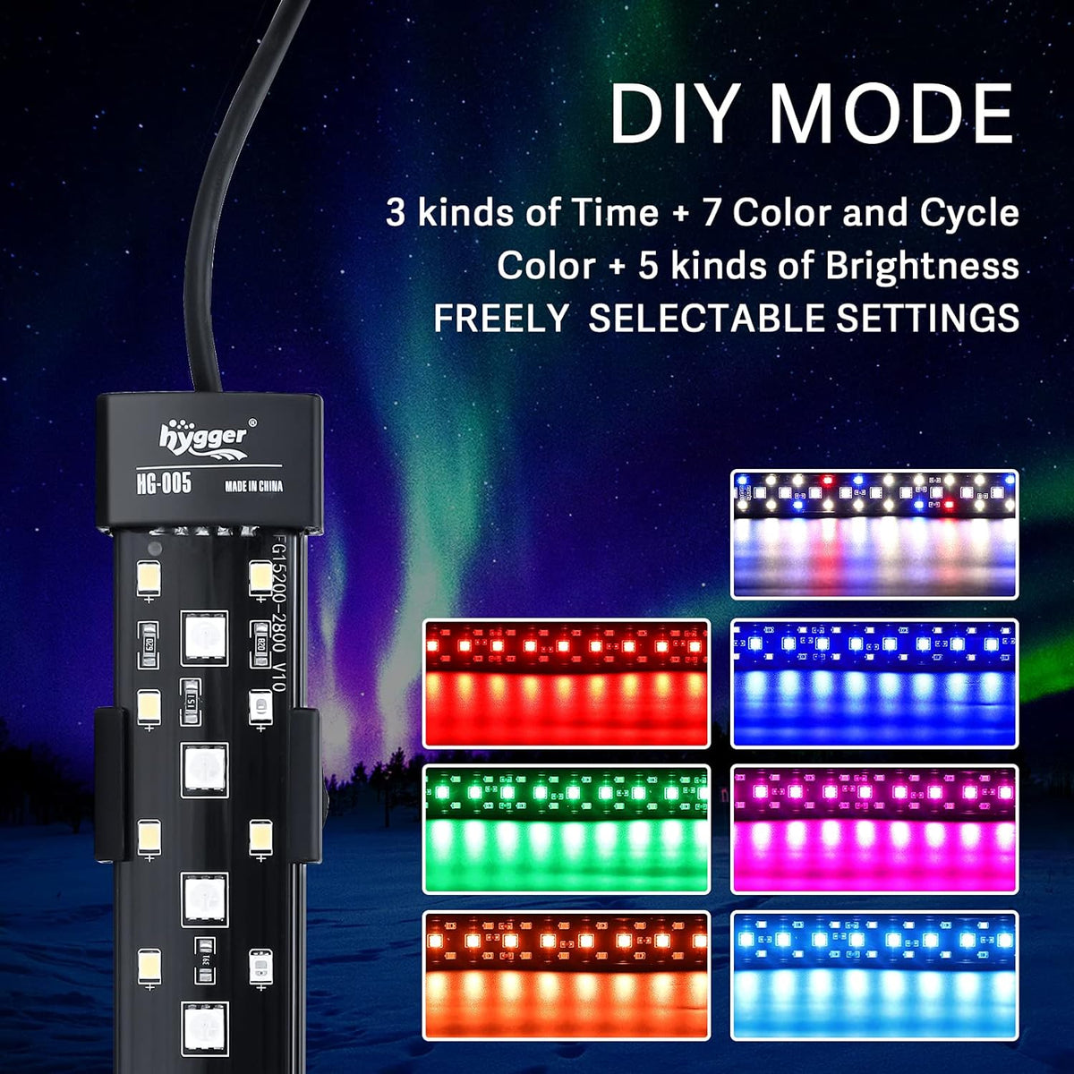 24/7 Mode Submersible Aquarium LED Light, Full Spectrum Hidden Fish Tank Light with 3 Rows Beads 7 Colors Auto On Off