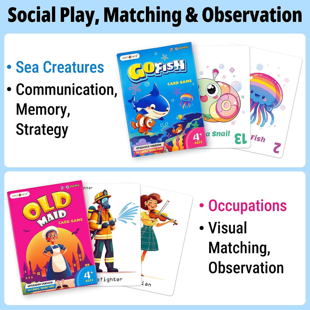 Upgraded Kids Card Games Pack, 6 Decks, Go Fish, Old Maid, Crazy Eights, Memory Match, Slap Jack, War, Playing Cards