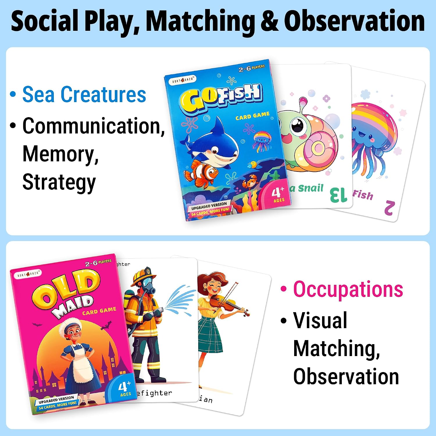 Upgraded Kids Card Games Pack, 6 Decks, Go Fish, Old Maid, Crazy Eights, Memory Match, Slap Jack, War, Playing Cards