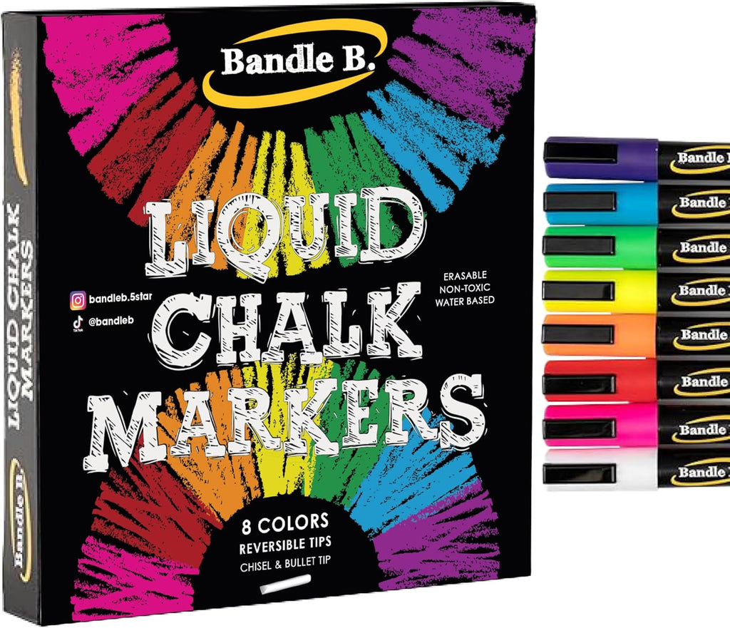 Chalk Markers - 8 Vibrant, Erasable, Non-Toxic, Water-Based, Reversible Tips. For Glass or Chalkboard Markers for