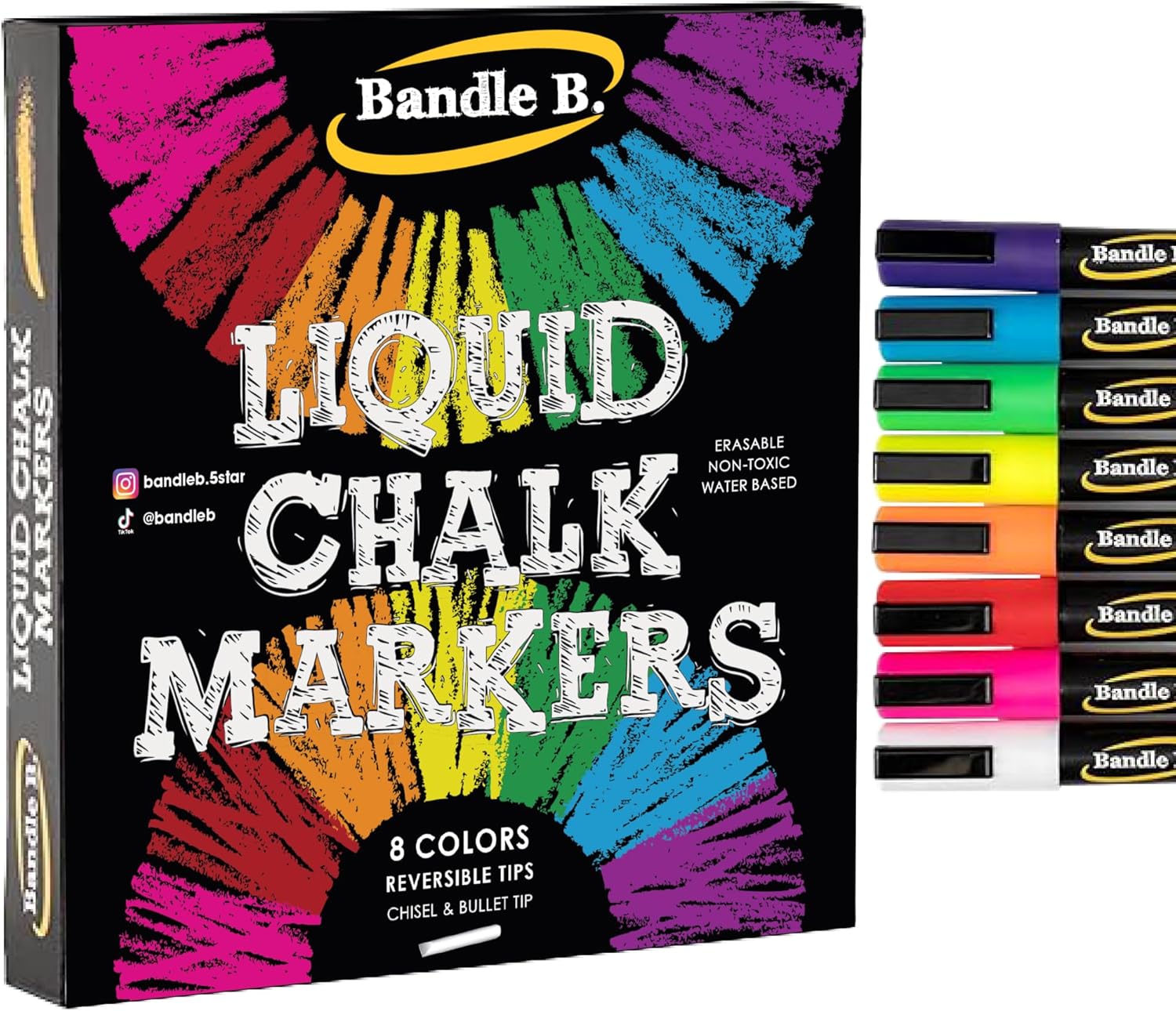Chalk Markers - 8 Vibrant, Erasable, Non-Toxic, Water-Based, Reversible Tips. For Glass or Chalkboard Markers for
