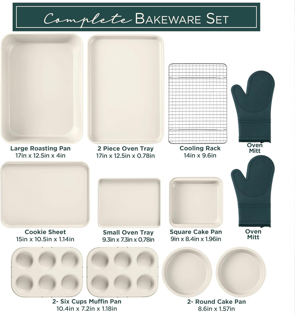 Nonstick Stackable Bakeware Set - Deluxe Heavy Duty, Durable, Easy Release Baking Set, Sage, 13 Pcs