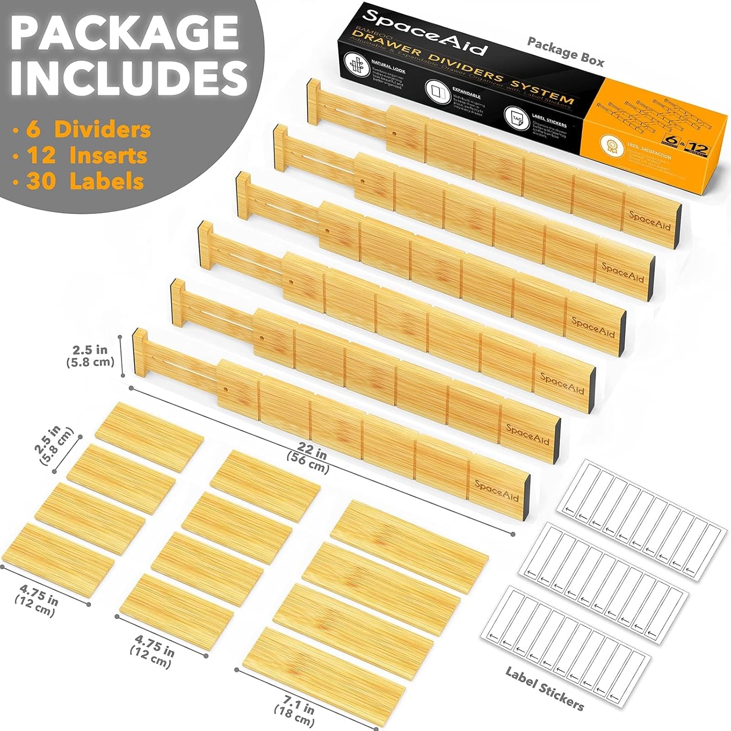 Bamboo Drawer Dividers with Inserts and Labels, Kitchen Adjustable Drawer Organizers, Expandable Organization for