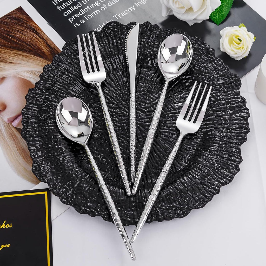150PCS Silver Plastic Silverware, Disposable Utensils, Includes 50 Knives, Forks and Spoons, Hammered Silverware Set