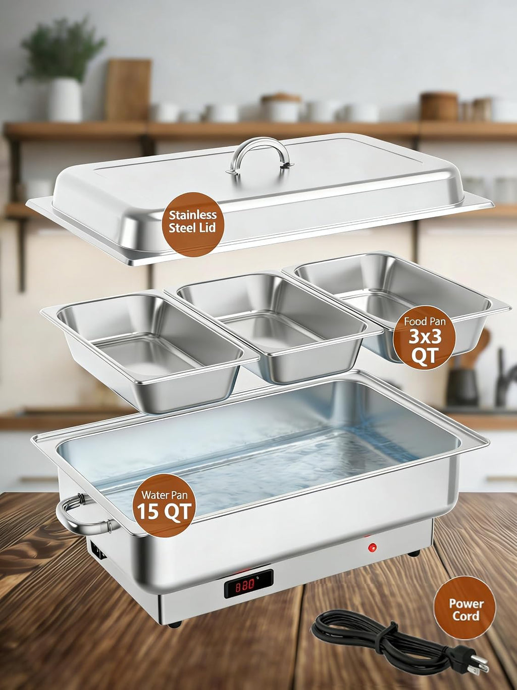 Electric Chafing Dish Buffet Set, 3 x 3 QT Food Warmers | Stainless Steel 600W Digital Display Temperature Control