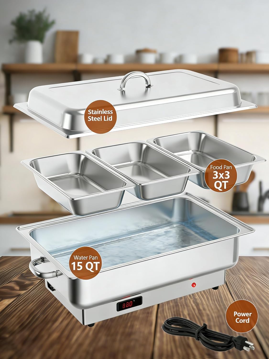 Electric Chafing Dish Buffet Set, 3 x 3 QT Food Warmers | Stainless Steel 600W Digital Display Temperature Control
