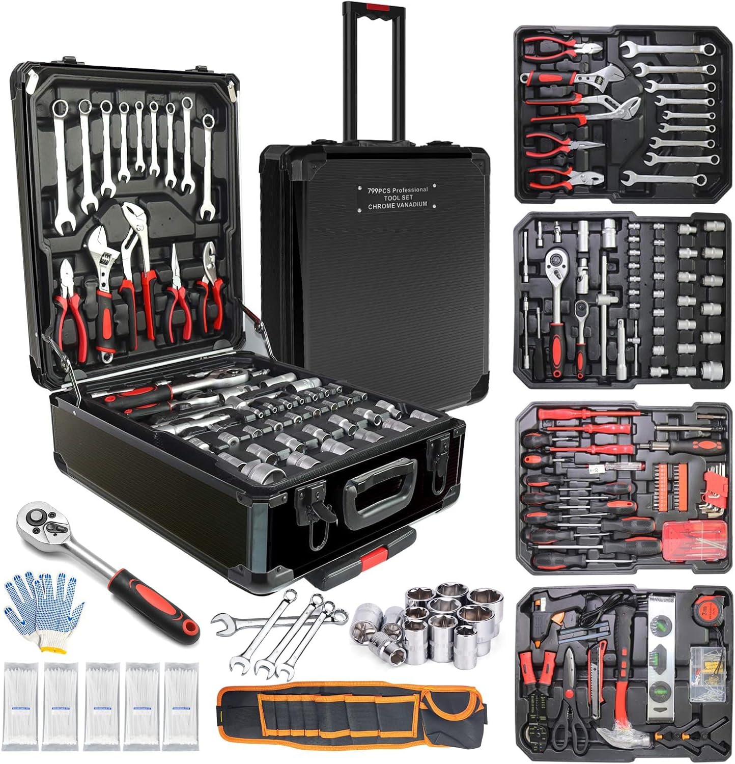 799pcs Aluminum Trolley Case Tool Set Silver, House Repair Kit Set, Household Hand Tool Set, with Tool Belt,Gift on