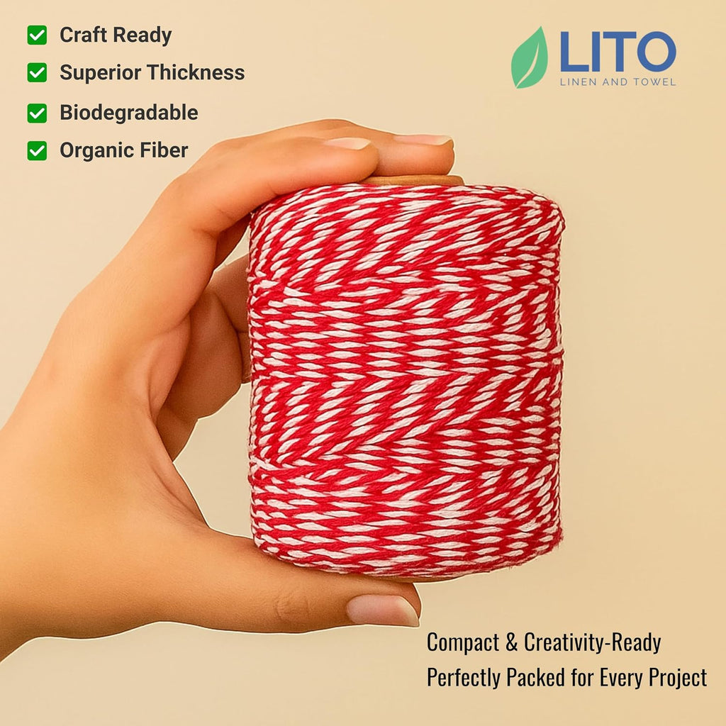 Red and White Organic Twine Cotton String - 500 Feet Wrapping, Baking, Butcher, Crafts, DIY Projects, Easter, Christmas