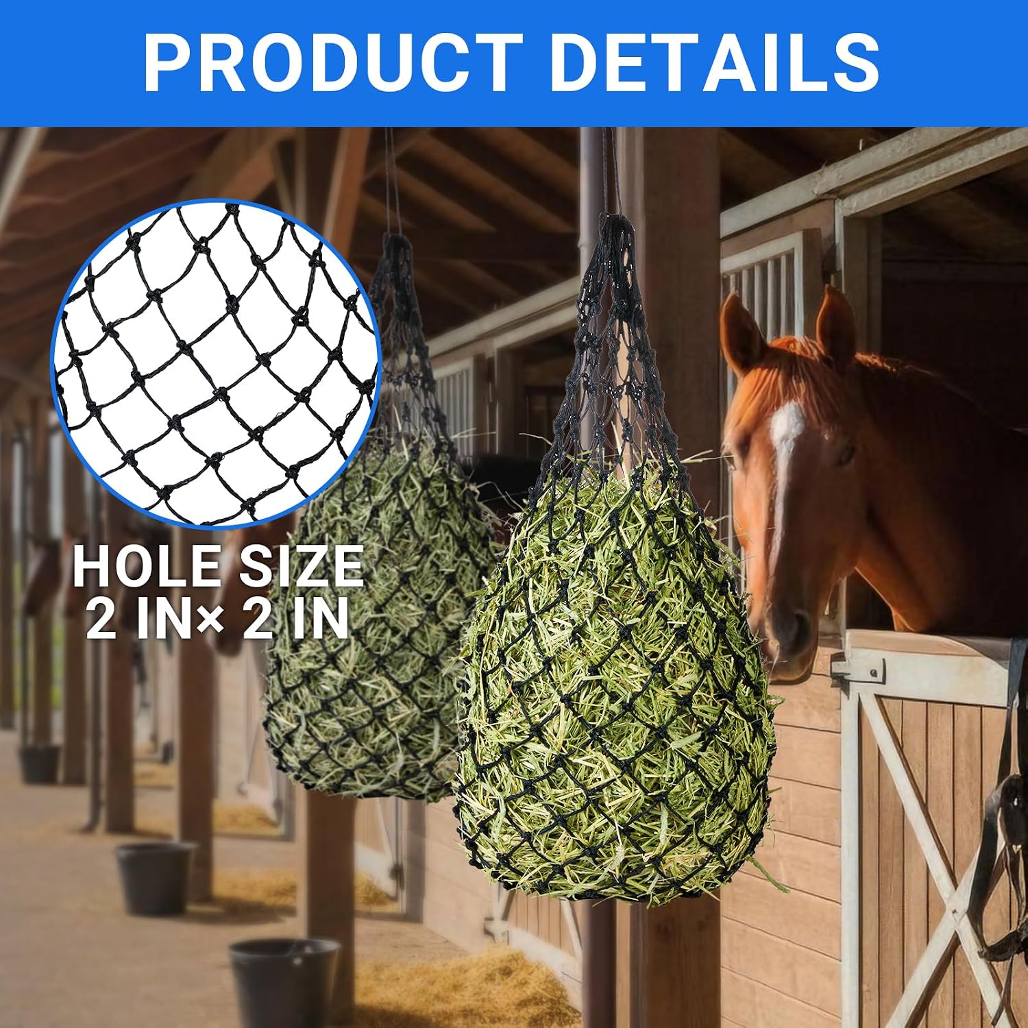 2-Pack Heavy Duty Hay Bags, Slow Feeder for Horses & Goats with 2-Inch Holes, Adjustable Drawstring Hay Net to Reduce