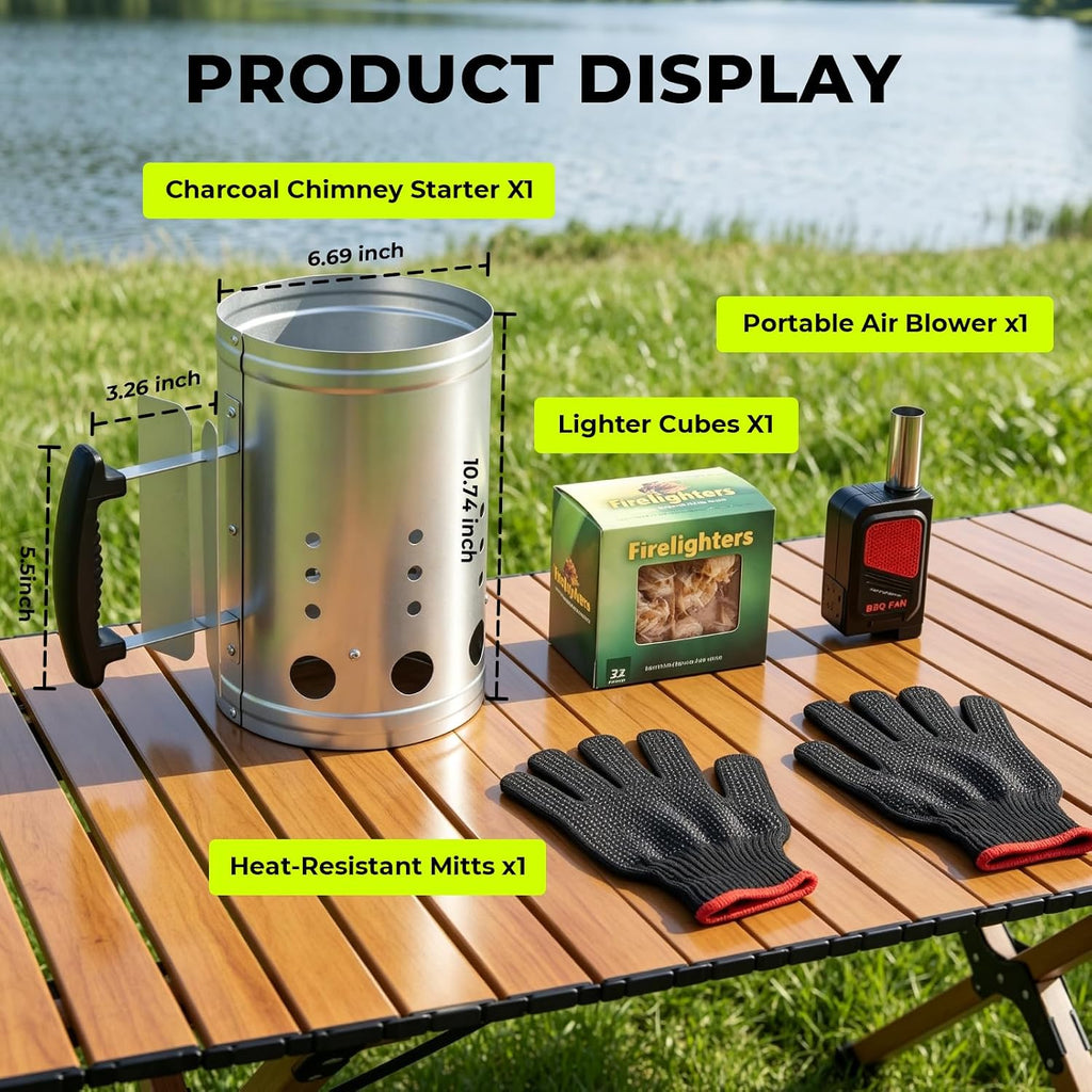 BBQ Charcoal Chimney Starter Set with Cubes, Air Blower and Mitts