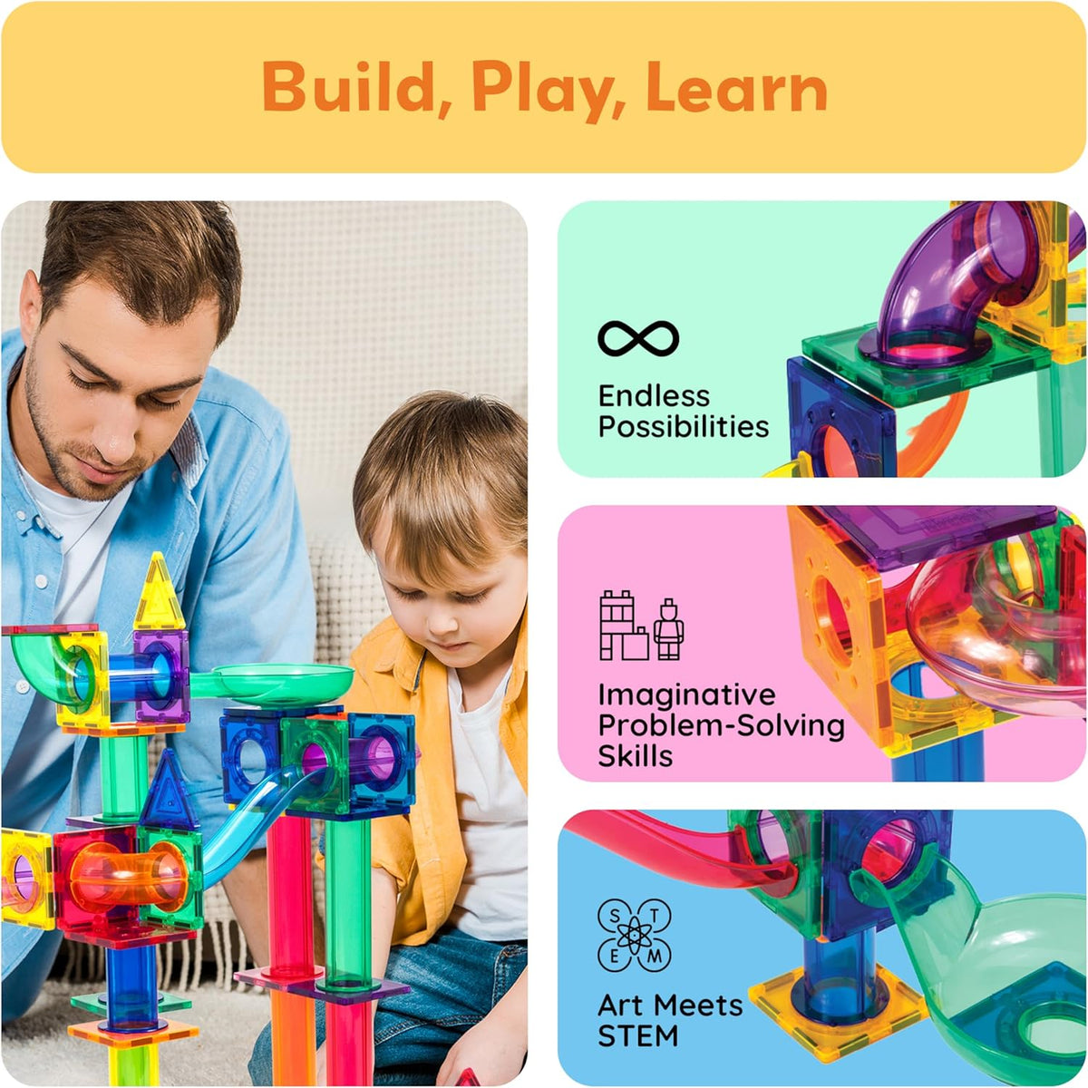 100 Piece Marble Run Magnetic Tiles Race Track STEM Ages 3+