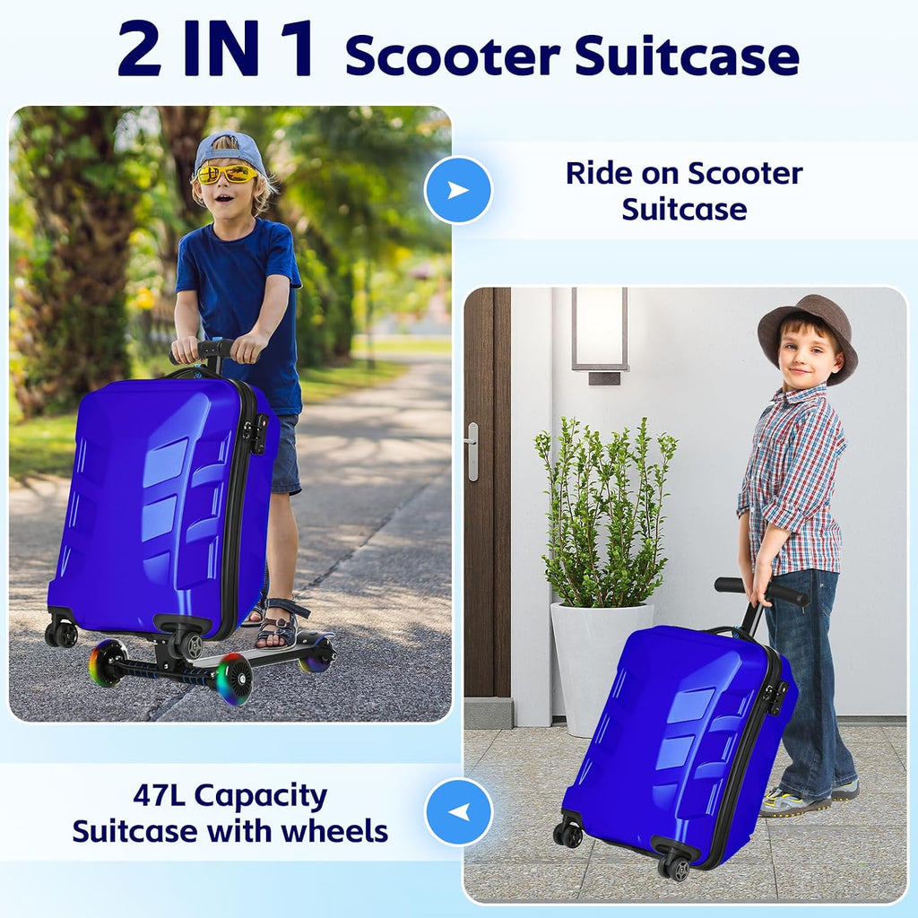 Scooter Suitcase for Kids & Adults，3-D Hardshell Ride On Scooter Luggage with Led Light Up Wheels，TSA