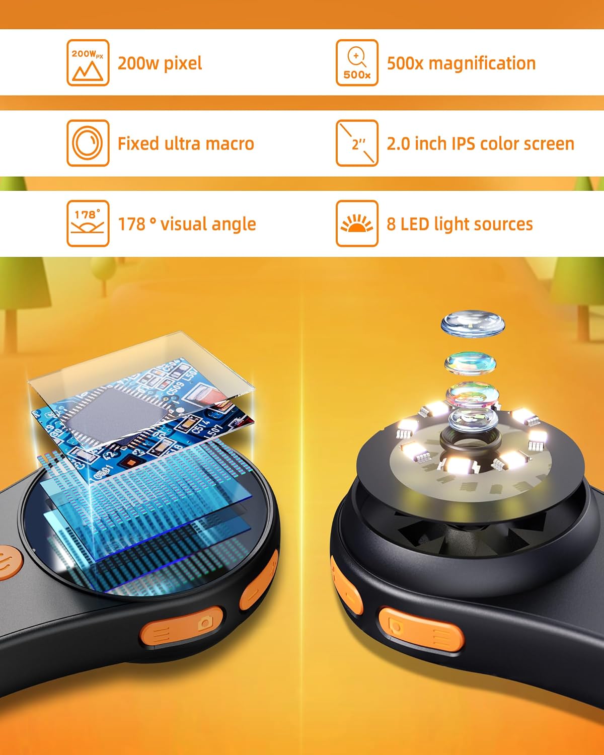 Digital Microscope Handheld 2.0 inch IPS Color Screen,Portable Digital Magnifying Glass 500x,Marco