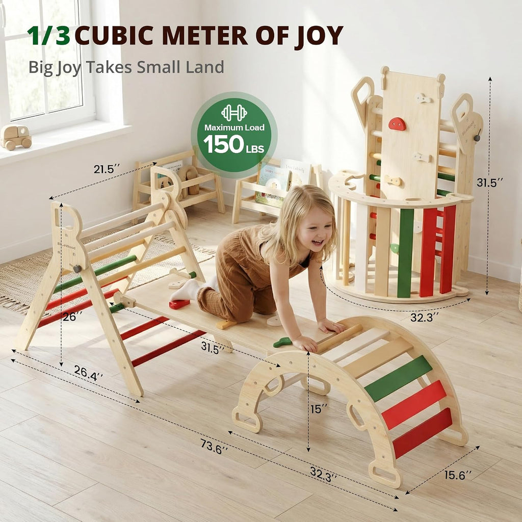 Pikler Triangle Set, Toddler Wooden Climbing Toys Indoor 7in1 Foldable Climber for Kids, Montessori Philosophy Play