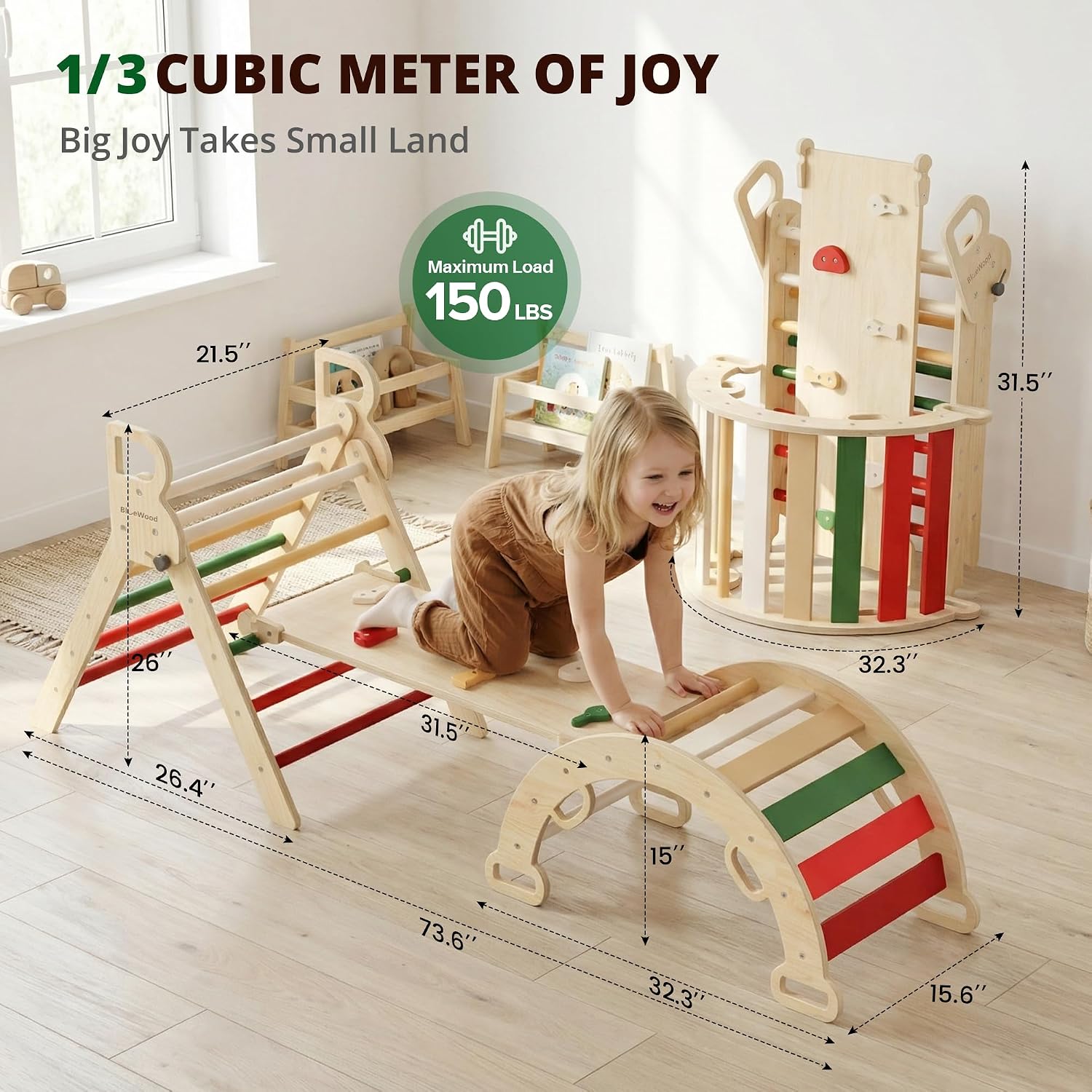 Pikler Triangle Set, Toddler Wooden Climbing Toys Indoor 7in1 Foldable Climber for Kids, Montessori Philosophy Play