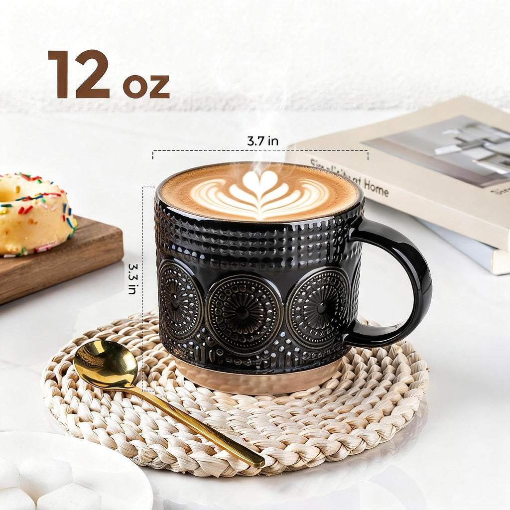 12OZ Stackable Coffee Mugs, Ceramic Coffee Mugs with Texture Patterns for Man,Woman,Dad,Mom, Modern Coffee Mugs Set