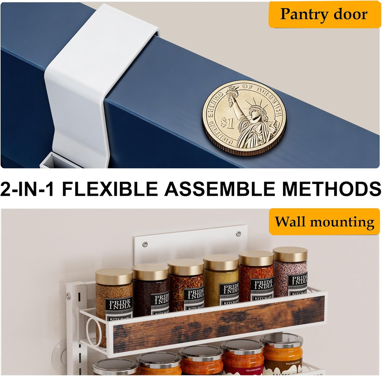 8 Tier Over The Door Pantry Orangizer 2 IN 1 Wall Mounted or Hanging Spice Rack with Adjustable Wood Basket,Heavy