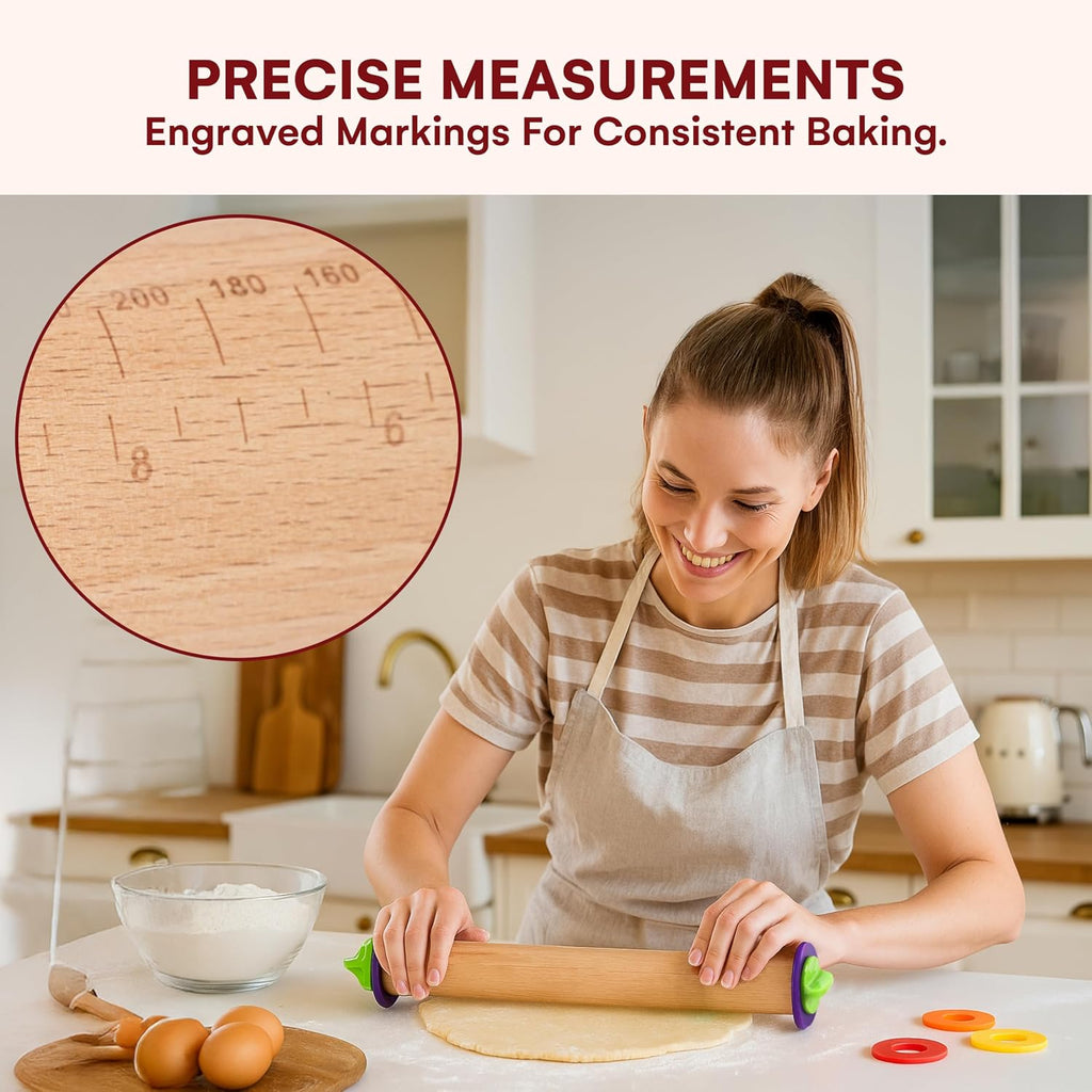 Rolling Pin with Thickness Rings - Adjustable Wooden Rolling Pin - Baking Essential and Roller Tool - Consistent
