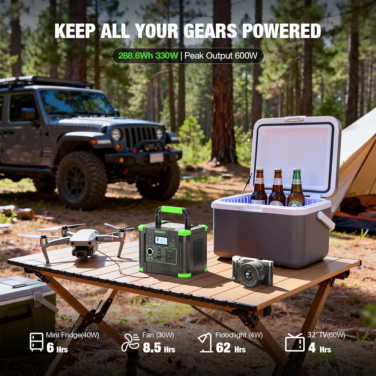 Portable Power Station 330W, 288.6Wh Lithium Battery, 60W Fast Charging, Up to 330W(Peak 600W) AC Outlets, Solar