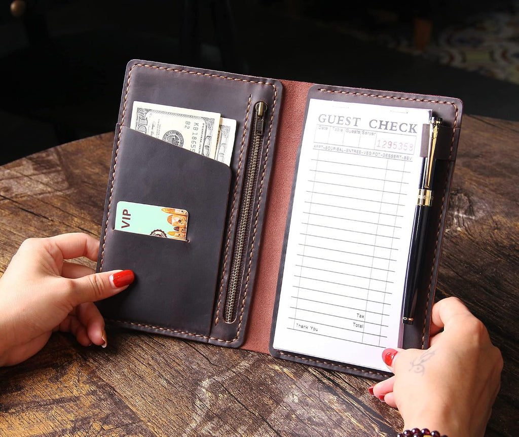Server Book Organizer with Zipper Pocket, Genuine Leather Restaurant Guest Check Presenters Card Holder for Waitress