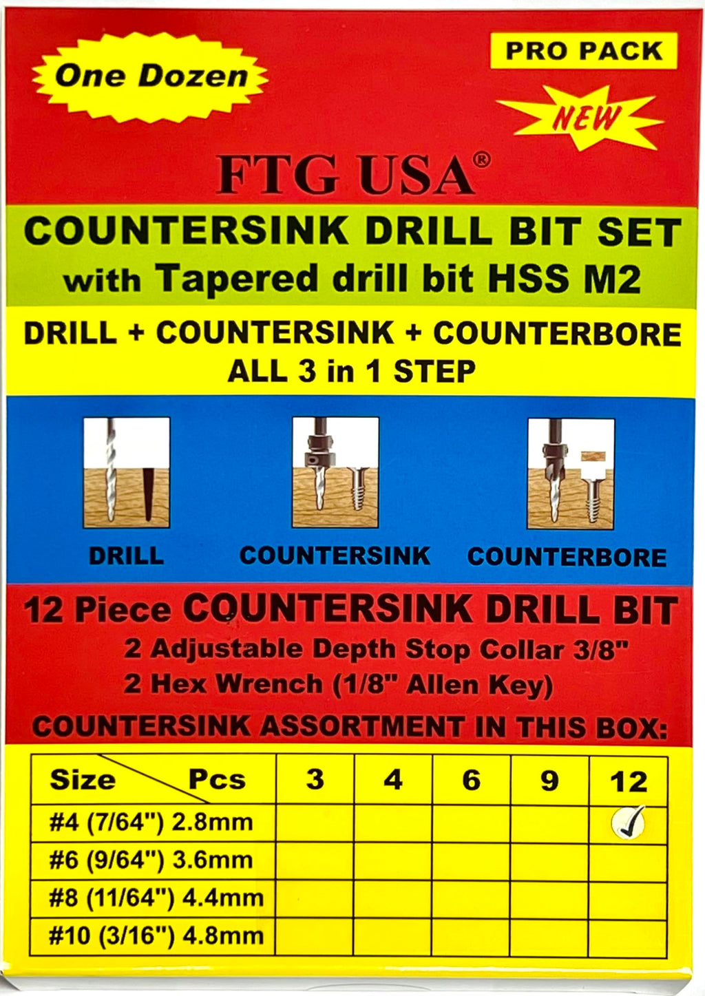 FTG USA 12 Pc #4 (7/64") Tapered Countersink Drill Bit Set with 2 Stops